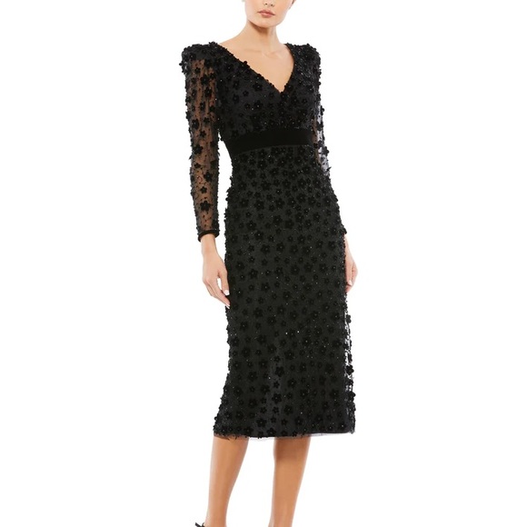 NWT Mac Duggal 67856 Black Embellished V-Neck Illusion Long Sleeve